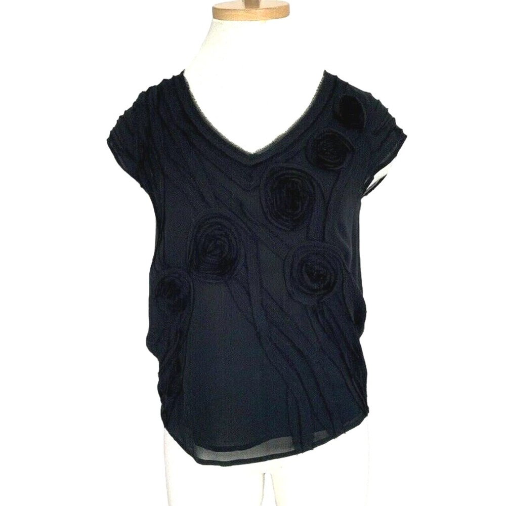 Talbots Black‎ Silk Top Raw Hem Flower Detail Size 2 Petite